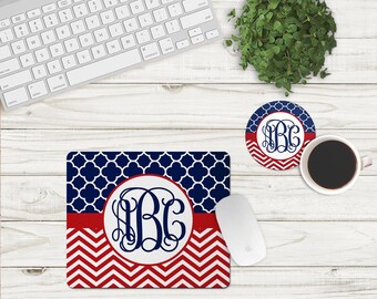 DIGITAL FILE Navy Blue and Red Chevron and Quatrefoil Mouse Pad and Coaster Desk Set Sublimation Design