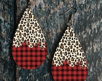DIGITAL FILE Christmas Leopard Print Buffalo Plaid Drop Earring Sublimation Design