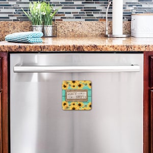 DIGITAL FILE Teal Wooden Burlap Sunflower Floral Dishwasher Magnet Sublimation Design