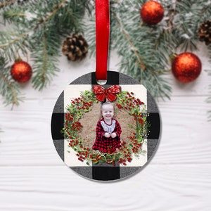 DIGITAL FILE White Buffalo Plaid Christmas Wreath Photo Ornament Sublimation Template Bundle