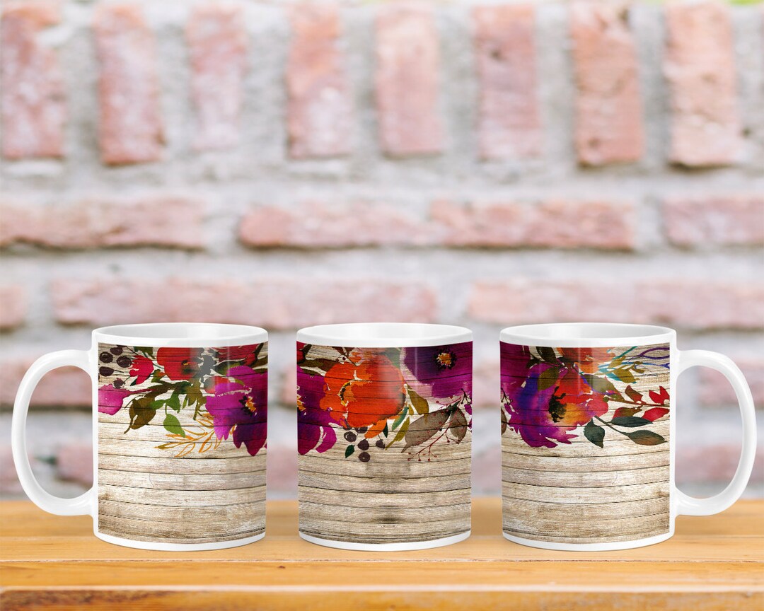 Subli Photo DIGITAL FILE Wooden Floral Customizable Full Wrap Mug Sublimation ...