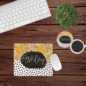 DIGITAL FILE Floral Mustard Dots Mouse Pad and Coaster Desk Set Sublimation Design