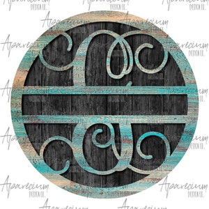 May include: A round wooden sign with a teal blue and brown distressed wood grain finish. The sign features a monogram of the letters "C" and "A" in a decorative script font.