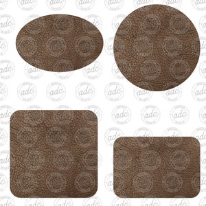 Peut inclure: Quatre formes en cuir brun, dont un cercle, un ovale et deux rectangles, sur un fond blanc. Les formes sont toutes texturées pour ressembler à du cuir.