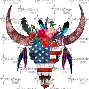 May include: A watercolor painting of a bull skull with a floral arrangement on top of the horns. The skull is painted in the colors of the American flag, red, white, and blue. The floral arrangement is made up of pink, red, and blue flowers. The background is white.