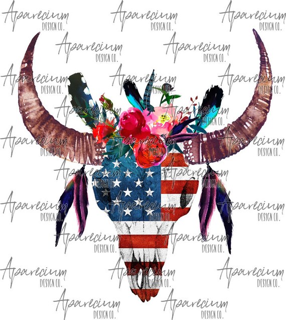 DIGITAL FILE American Flag Watercolor Floral Steer Skull Sublimation Design