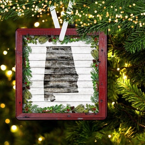 DIGITAL FILE Wooden State of Alabama Christmas Greenery Square Ornament Sublimation Design Template