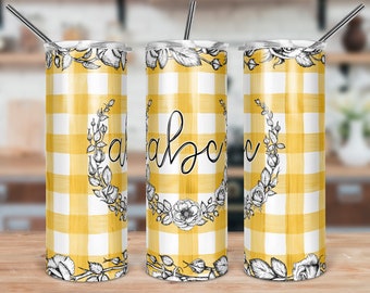 DIGITAL FILE Yellow Buffalo Plaid Gingham Floral Skinny Tumbler Sublimation Design