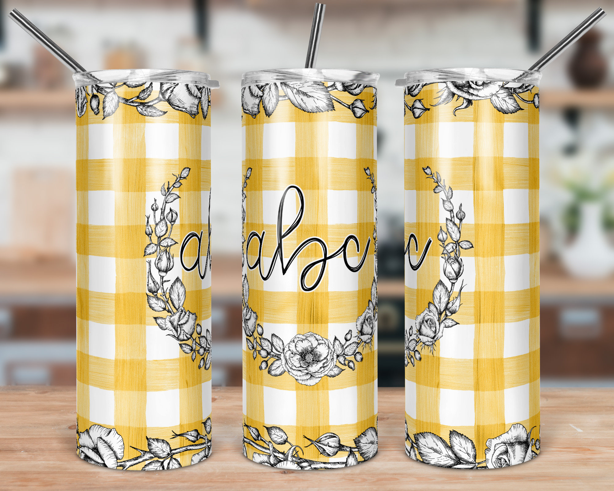 DIGITAL FILE Yellow Buffalo Plaid Gingham Floral Skinny Tumbler ...