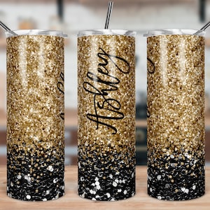 DIGITAL FILE Black and Gold Glitter Skinny Tumbler Sublimation Design