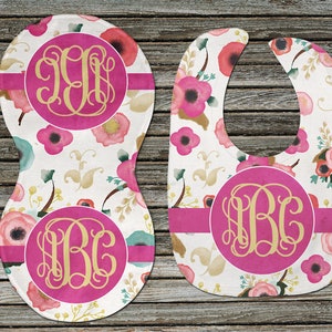 DIGITAL FILE Pink Floral Bib and Burp Cloth Monogram Sublimation Design