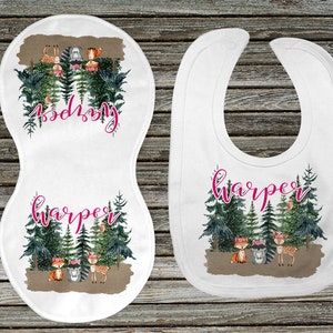 DIGITAL FILE Woodland Animals Floral Bib and Burp Cloth Monogram Sublimation Design