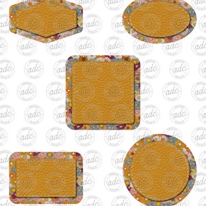 May include: A collection of six decorative patches in various shapes: hexagon, oval, square, rectangle, and circle. Each patch features a textured, tan leather-like center with the text "adc" and is surrounded by a floral pattern in shades of orange, yellow, and purple.