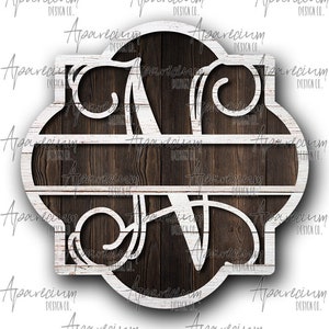 May include: White wooden monogram featuring the letters "N" and "V" in a decorative script font. The letters are cut out of the wood, revealing a brown wood background. The monogram is framed with a decorative border.