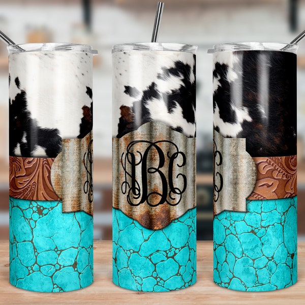 DIGITAL FILE Cow Print and Turquoise Skinny Tumbler Sublimation Design