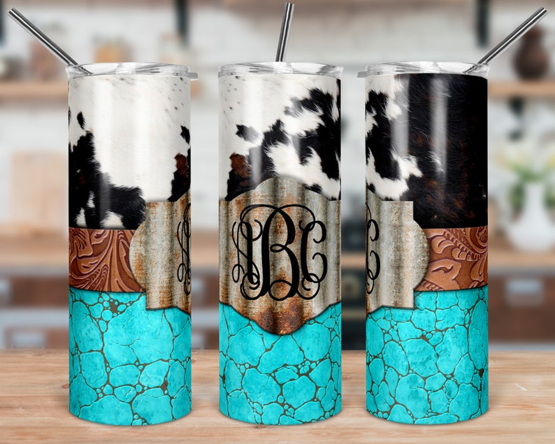 Cow Print and Turquoise Skinny Tumbler Sublimation Design 