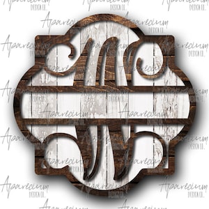 DIGITAL FILE Brown Wooden and White Shiplap Split Monogram W Quatrefoil Door Hanger Sublimation Design