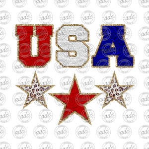 May include: USA in red, white, and blue glitter letters with gold trim. Three stars with gold trim, one red, one white with black leopard print, and one white with black leopard print.