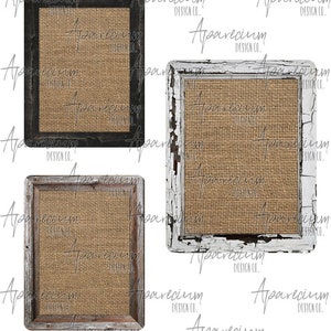 Op de afbeelding: Drie rustieke frames met jute-inzetstukken. De frames zijn in verschillende stijlen, waaronder zwart, wit en hout. De frames zijn allemaal verweerd en hebben een vintage look.