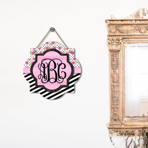 DIGITAL FILE Black and White Striped Pink Rose Quatrefoil Door Hanger Sublimation Design