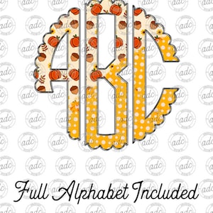 DIGITAL FILE Fall Yellow Polka Dot Pumpkin and Acorn Monogram Alphabet Bundle Sublimation Design