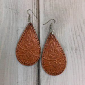 DIGITAL FILE Floral Embossed Brown Stitched Leather Look Drop Earring Sublimation Design