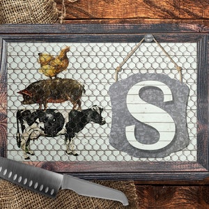 DIGITAL FILE Wooden Frame, Chicken Wire, and Painted Farm Animal Rectangle Cutting Board Sublimation Design