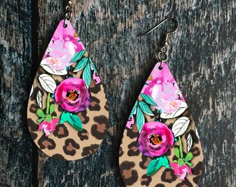 DIGITAL FILE Floral Leopard Print Drop Earring Sublimation Design