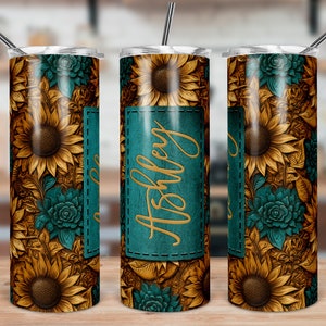 DIGITAL FILE Leather Look Sunflower Floral Skinny Tumbler Sublimation Design