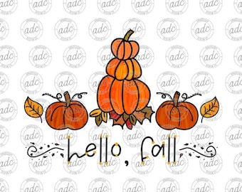 May include: A digital illustration of pumpkins with the text "hello, fall" in gold lettering. The pumpkins are orange and have black outlines. The background is white with a repeating pattern of small circles.