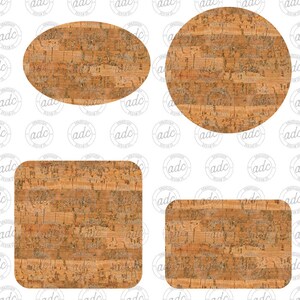 May include: Four corkboard shapes in various sizes: a circle, an oval, a square, and a rectangle. The corkboard has a natural brown color with a speckled texture.