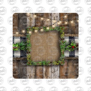 DIGITAL FILE Wooden Buffalo Plaid Christmas Greenery Square Ornament Sublimation Design Template