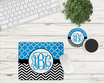 DIGITAL FILE Light Blue and Black Chevron and Quatrefoil Mouse Pad and Coaster Desk Set Sublimation Design