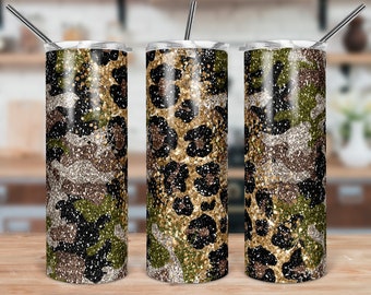 DIGITALE DATEI Camo und Leopard Print Glitter Look Skinny Tumbler Sublimationsdesign