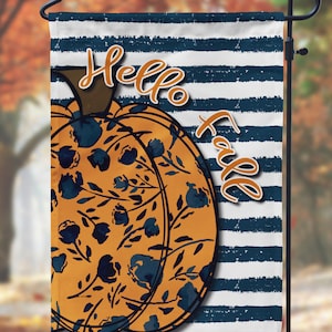 DIGITAL FILE Navy Blue Striped Floral Pumpkin Hello Fall Garden Flag Sublimation Template