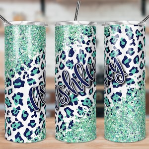 DIGITAL FILE Navy Blue Mint Green Leopard Print Glitter Look Tumbler Sublimation Design