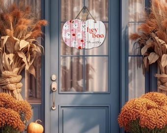 DIGITAL FILE Pastel Ghost Halloween Hey Boo Pumpkin Door Hanger Sublimation Design