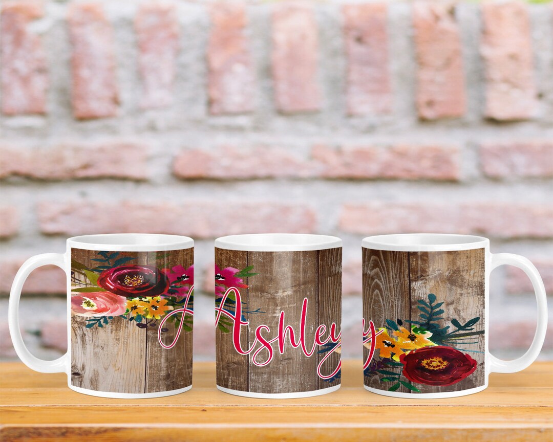 Subli Photo DIGITAL FILE Brown Wooden Floral Customizable Full Wrap Mug Sublimation ...