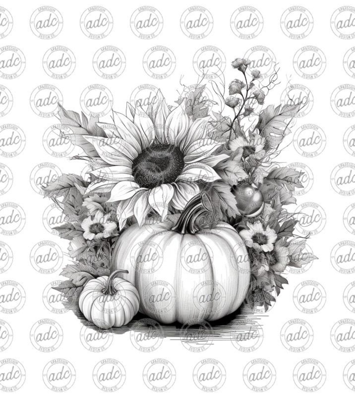 DIGITAL FILE Black and White Floral Sketch Sunflower Pumpkin Fall ...
