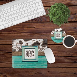 DIGITAL FILE Wooden Turquoise and Cow Print Mouse Pad and Coaster Desk Set Sublimation Design