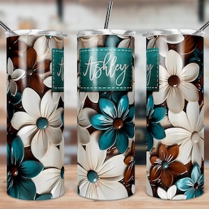 DIGITAL FILE Leather Look Turquoise Floral Skinny Tumbler Sublimation Design