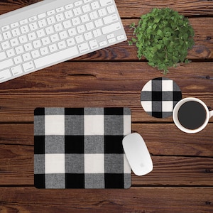 DIGITAL FILE Black and White Buffalo Plaid Mouse Pad and Coaster Desk Set Sublimation Design
