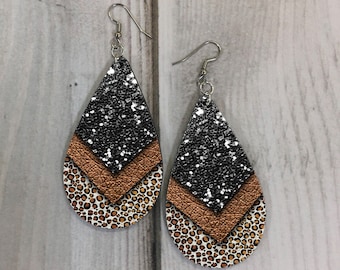 Copper Leopard Print Glitter and Leather Look Drop Earring Sublimation Design