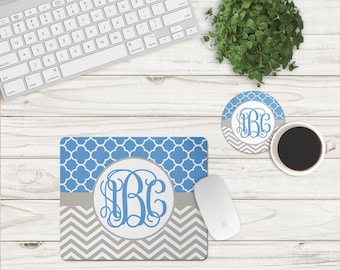 DIGITAL FILE Light Blue and Grey Chevron and Quatrefoil Mouse Pad and Coaster Desk Set Sublimation Design