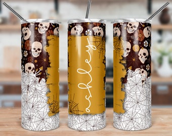 DIGITAL FILE Boho Skull and Spider Web Halloween Fall Skinny Tumbler Sublimation Design