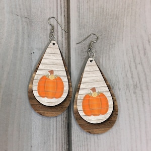 DIGITAL FILE Painted Pumpkin Wooden Look Fall Autumn Drop Earring Sublimation Design