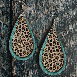 DIGITAL FILE Leopard Print and Teal Leather Look Drop Earring Sublimation Design