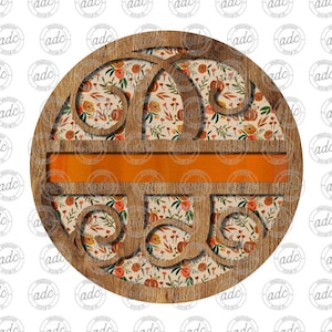 Könnte beinhalten: Ein rundes Holzschild mit einem Ausschnittmuster, das ein Blumenmuster und einen horizontalen orangen Streifen zeigt. Das Blumenmuster umfasst Kürbisse, Blätter und Blumen in Orange-, Rot- und Gelbtönen.