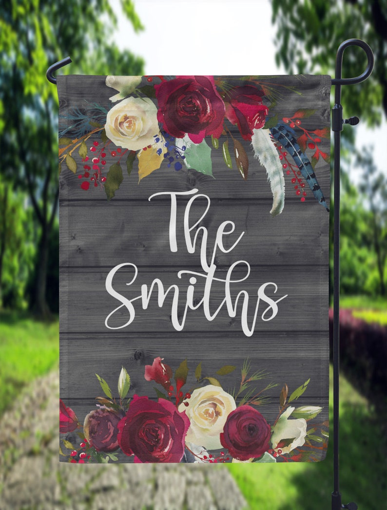 Grey and Red Floral Wooden Garden Flag Sublimation Template