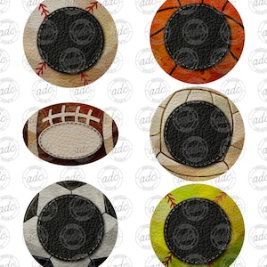 Peut inclure: Ensemble de six étiquettes rondes imprimables en similicuir avec des motifs de ballons de sport différents. Chaque étiquette a un cercle noir au centre avec une bordure cousue.